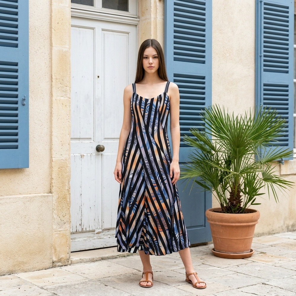 Elana Kattan Sleeveless Printed Midi Dress Abstract Stripe Floral Resortwear S